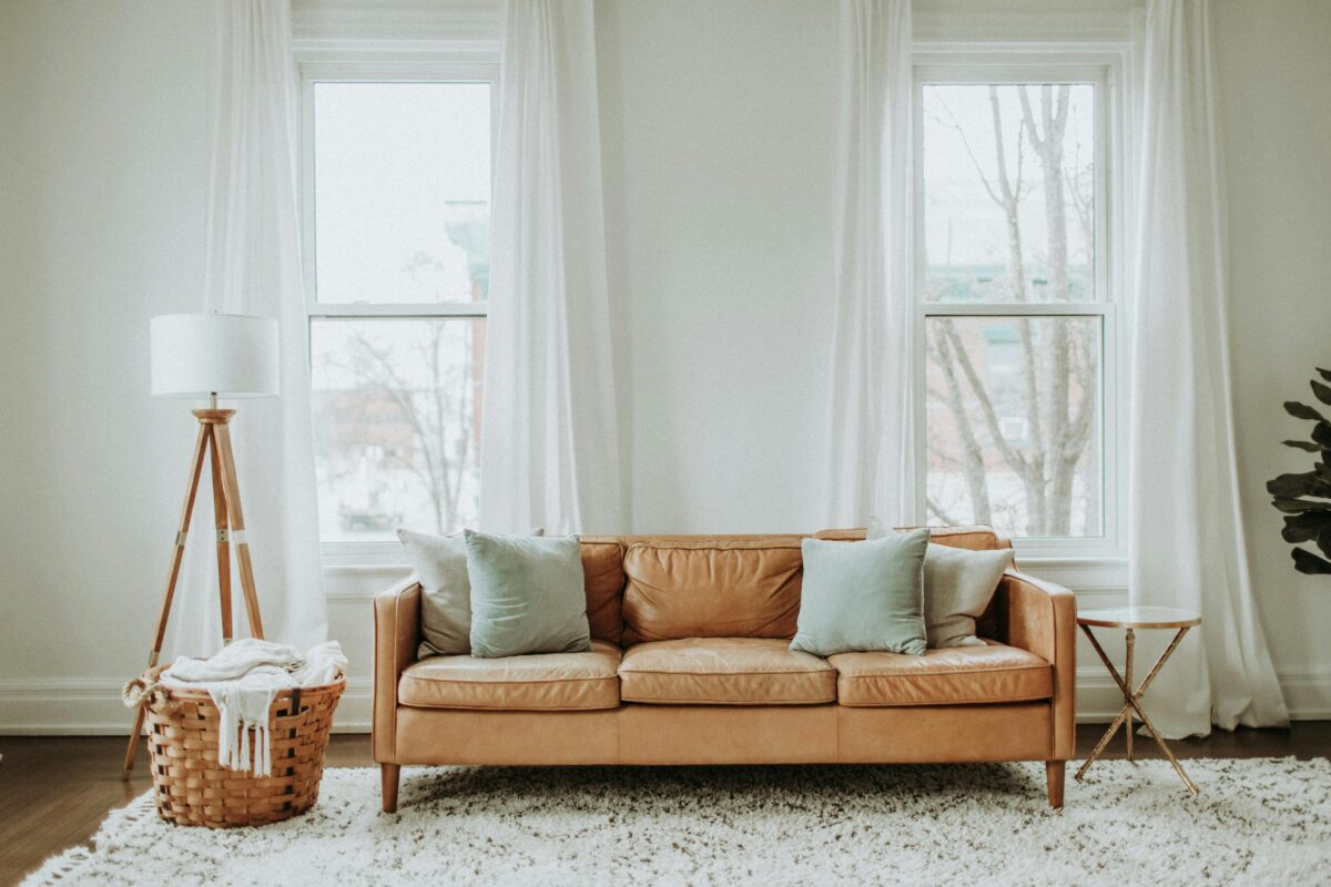 tan leather sofa in living room