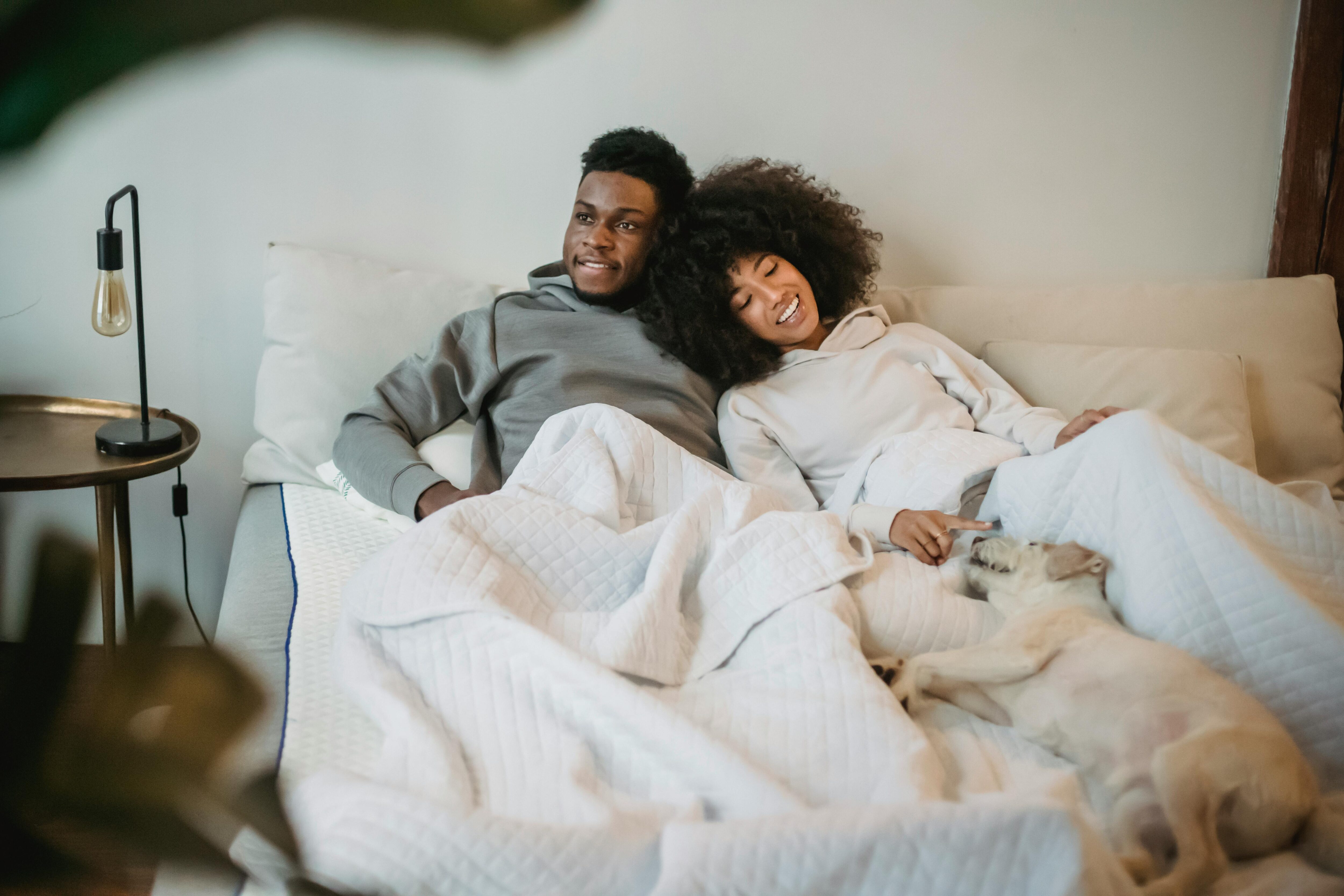 Young male and female happy couple lay on the sofa with a blanket and dog